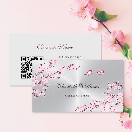 QR-code | Cherry Blossom Pink Silver Visitekaartje
