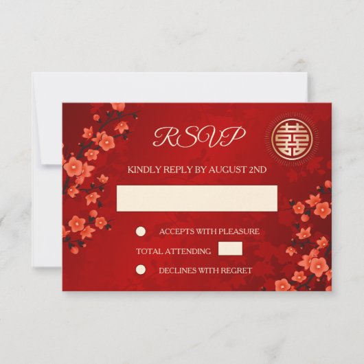 QR-code | Cherry Blossom Red RSVP Chinese bruiloft Kaart (Voorkant)