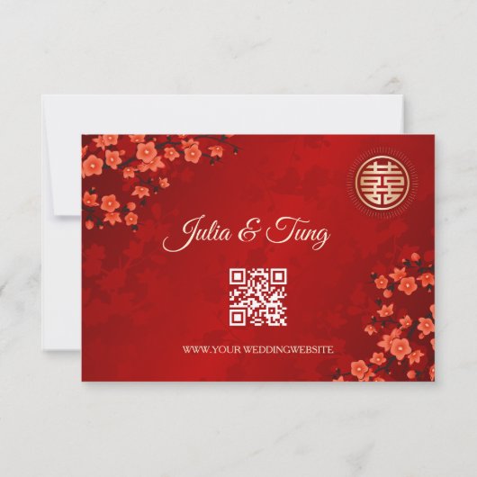 QR-code | Cherry Blossom Red RSVP Chinese bruiloft Kaart (Achterkant)