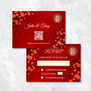 QR-code Cherry Blossom Red RSVP Chinese bruiloft Kaart