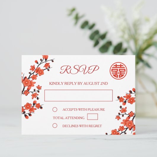 QR-code | Cherry Blossom Red RSVP Chinese bruiloft Kaartje (Staand voorkant)