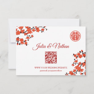 QR-code   Cherry Blossom Red RSVP Chinese bruiloft Kaartje