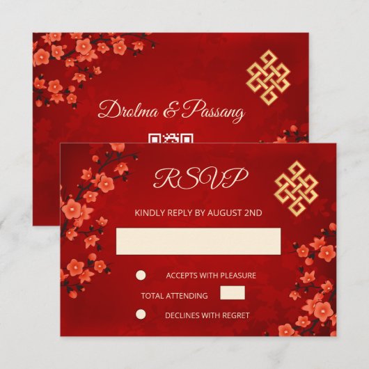 QR-code | Cherry Blossom Red RSVP Kaartje (Voorkant / Achterkant)