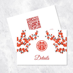 QR-code Cherry Blossom Red White Chinese Weddens Informatiekaartje