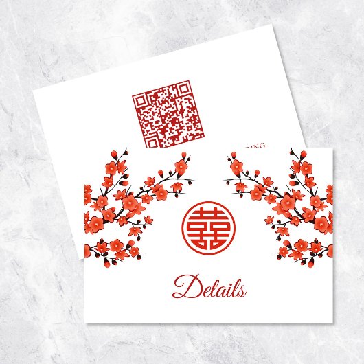 QR-code | Cherry Blossom Red White Chinese Weddens Informatiekaartje