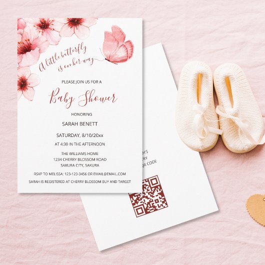 QR Code Cherry Blossoms Waterverf Baby shower Kaart