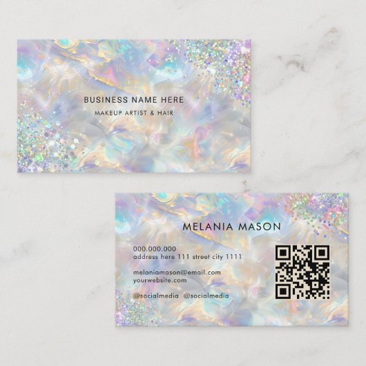 QR Code Chic Holografische Glitter Irediscent Opal Visitekaartje (Voorkant / Achterkant)