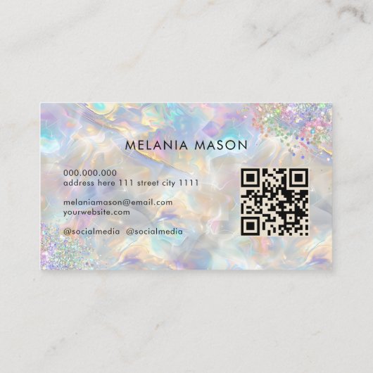 QR Code Chic Holografische Glitter Irediscent Opal Visitekaartje (Achterkant)