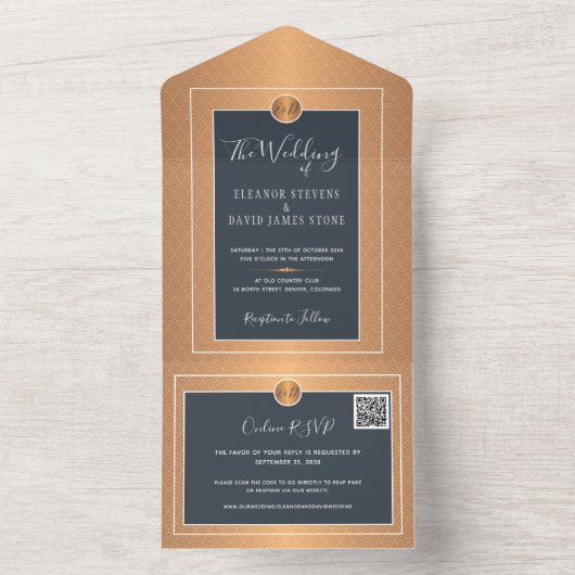 QR CODE chic marvy kopergoud online RSVP bruiloft All In One Uitnodiging (Binnen)