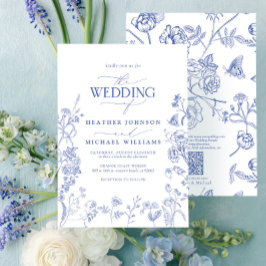 QR Code Chinoiserie Frans Blauw Bloemen Bruiloft Kaart