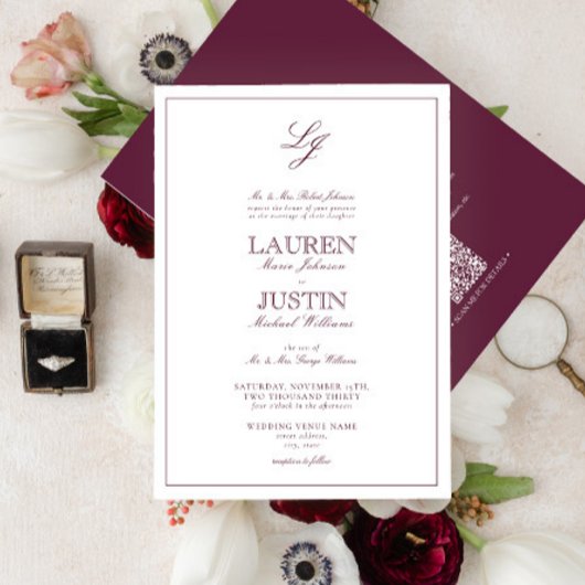 QR Code Classic Bourgogne Script Monogram bruiloft Kaart