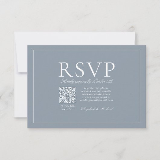 QR Code Classic Elegant Dusty Blue Script RSVP Kaartje (Voorkant)
