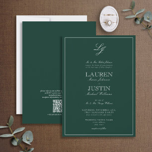 QR Code Classic Emerald Green Monogram Weddenschap Kaart