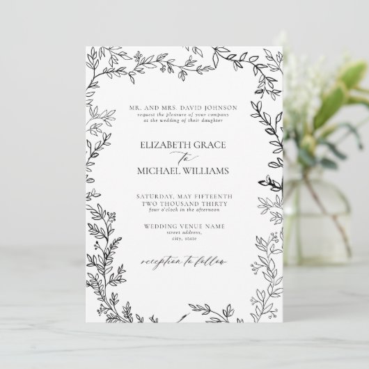 QR Code Classic Formal Black White Leafy Weddensch Kaart (Staand voorkant)