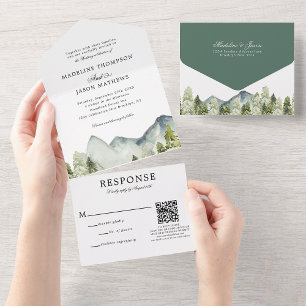 QR Code Classic Mountain Forest Waterverf Bruiloft All In One Uitnodiging