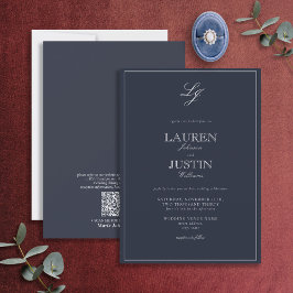 QR Code Classic Navy Blue Script Monogram Weddensc Kaart