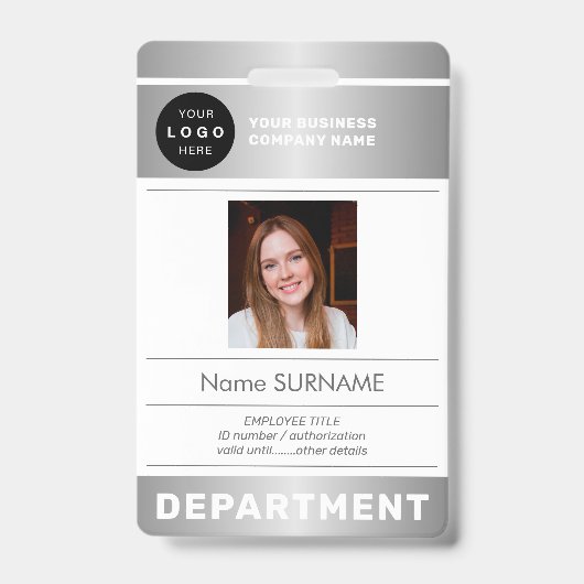 QR code company logo employee photo silver ID Badge (Front)