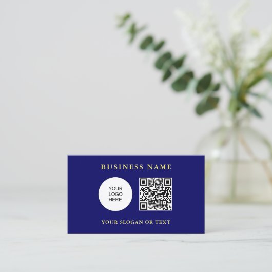 QR Code Company Logo Hier Sjabloon Navy Blue Visitekaartje (Staand voorkant)