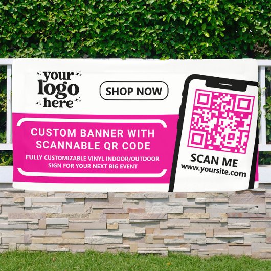 QR Code Company Logo Hot Pink Indoor Outdoor Vinyl Spandoek