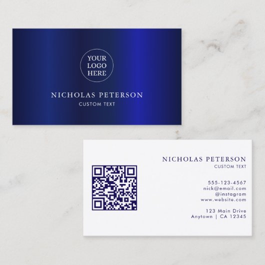 QR Code Company Logo Navy Blue Gradient Modern Visitekaartje (Voorkant / Achterkant)