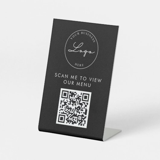QR Code Contactloos Menu Logo Zwart Modern Reclamebord Met Voetstuk (Voorkant)