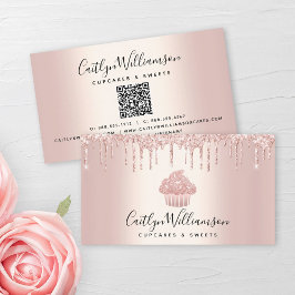 QR Code Cupcake Bakery Chef Glitter Drip Roos Gold Visitekaartje
