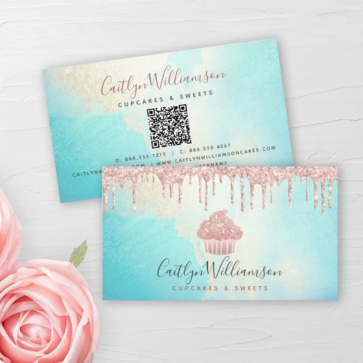 QR-code Cupcake Roze Rose Glitter Blue Waterverf Visitekaartje