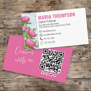 QR Code Custom Elegant Roze Bloemen Verbind met mi Visitekaartje
