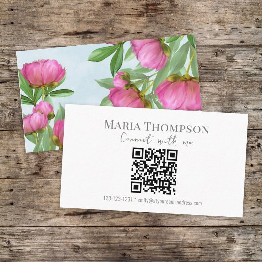 QR Code Custom Elegant Roze Bloemen Verbind met mi Visitekaartje