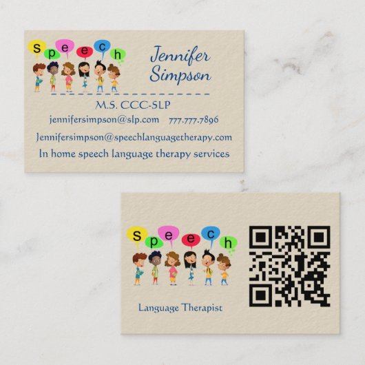 QR Code Cute Kids Cartoon Holding Speech Words Visitekaartje (Voorkant / Achterkant)