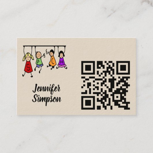 QR Code Cute Kids Cartoon Holding Speech Words Visitekaartje (Achterkant)