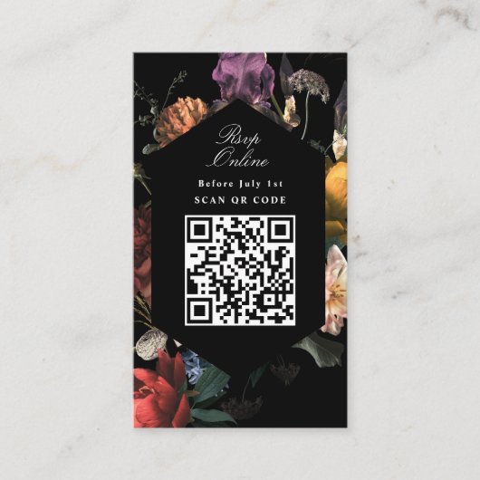 QR Code Dark Moody Black Floral Website RSVP Informatiekaartje (Voorkant)