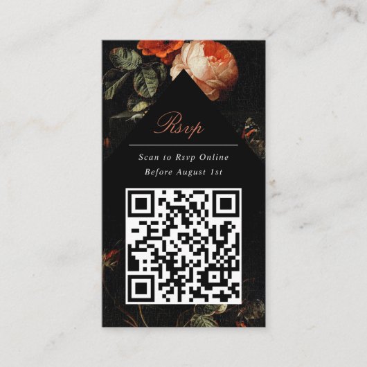 QR Code Dark Moody Black Floral Website RSVP Informatiekaartje (Voorkant)