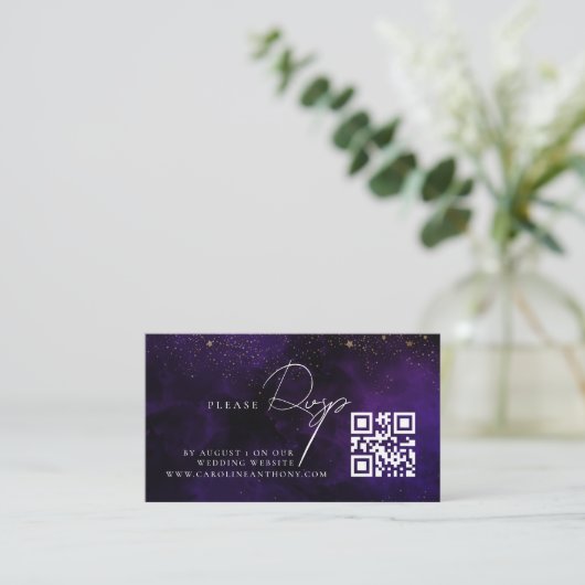 Qr Code Dark Paars Magical Gold Wedding RVSP Informatiekaartje (Staand voorkant)