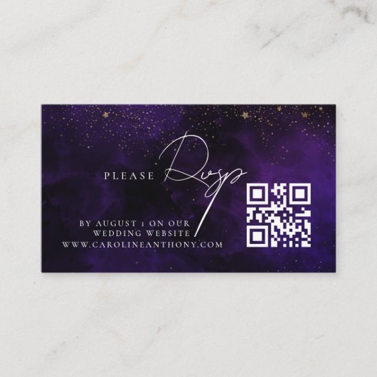 Qr Code Dark Paars Magical Gold Wedding RVSP Informatiekaartje (Voorkant)