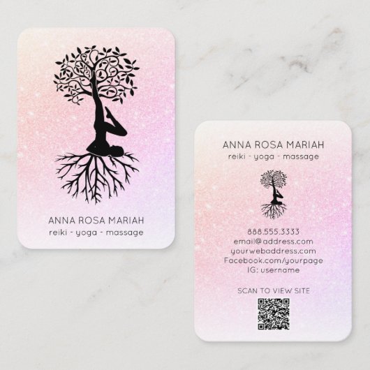 *~* QR code Deegelglitter Boom van het Leven Yoga Visitekaartje (Voorkant / Achterkant)