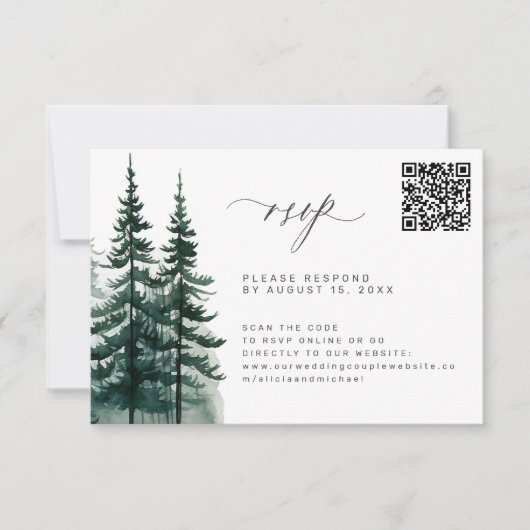 QR code dennenbomen bos bruiloft RSVP Kaartje (Voorkant)