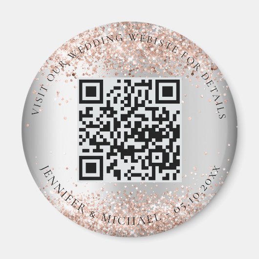 QR-code details trouwwebsite zilveren roos RSVP Magneet (Voorkant)