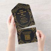 QR Code Diamant Zwart en Goud Art Deco Bruiloft All In One Uitnodiging (Afscheurbaar)