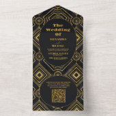 QR Code Diamant Zwart en Goud Art Deco Bruiloft All In One Uitnodiging (Binnen)