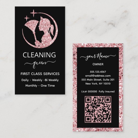 QR-code Dienstmeid Roze Roos Schoonmaakservice Visitekaartje (Voorkant / Achterkant)
