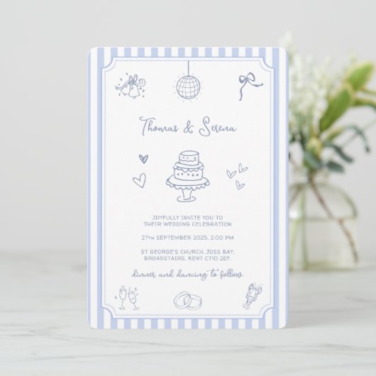 QR Code Doodle Hand Drawn French Blue Wedding Kaart (Staand voorkant)