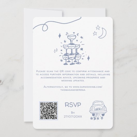 QR Code Doodle Hand Drawn French Blue Wedding Kaart (Achterkant)