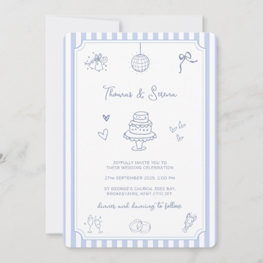 QR Code Doodle Hand Drawn French Blue Wedding Kaart (Voorkant)