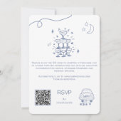 QR Code Doodle Hand Getekende Franse Blauwe Huweli Kaart (Achterkant)