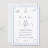 QR Code Doodle Hand Getekende Franse Blauwe Huweli Kaart (Voorkant)