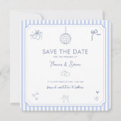 QR Code Doodle Handgetekende Franse Blauwe Huwelij Save The Date (Voorkant)