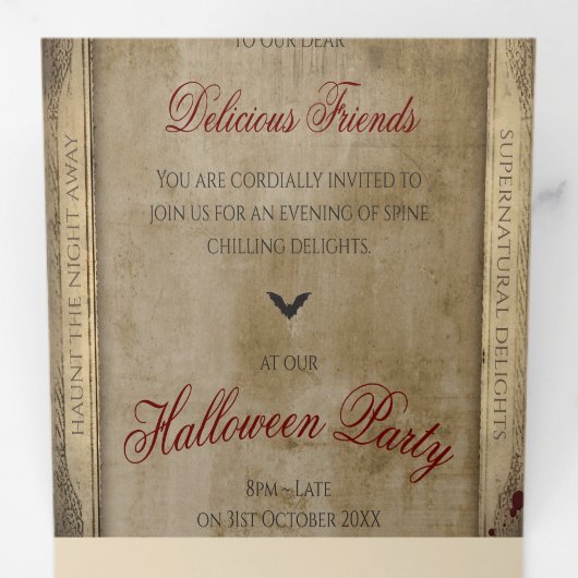 QR Code Dracula Halloween Bedrijfsevenement Drieluik Uitnodiging (Binnenzijde eerst)