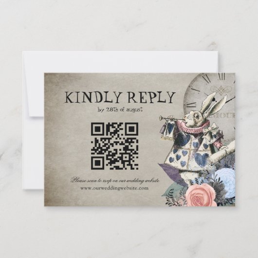 QR Code Dusty Blue Alice in Wonderland Bruiloft RSVP Kaartje (Voorkant)