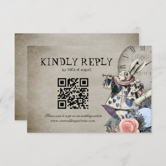 QR Code Dusty Blue Alice in Wonderland Bruiloft RSVP Kaartje (Voorkant / Achterkant)